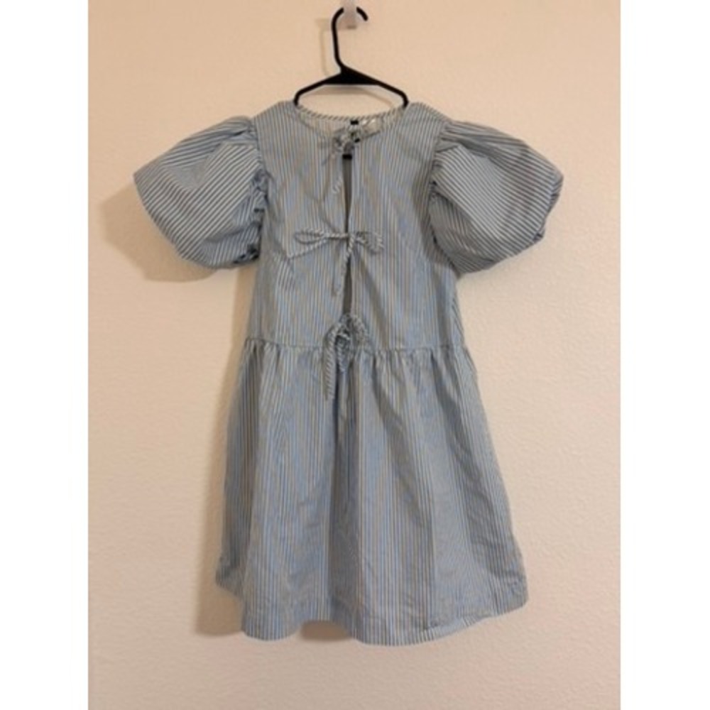 H&M Divided Blue White Striped Puff Sleeve Tie Front Cutout Mini Dress Small